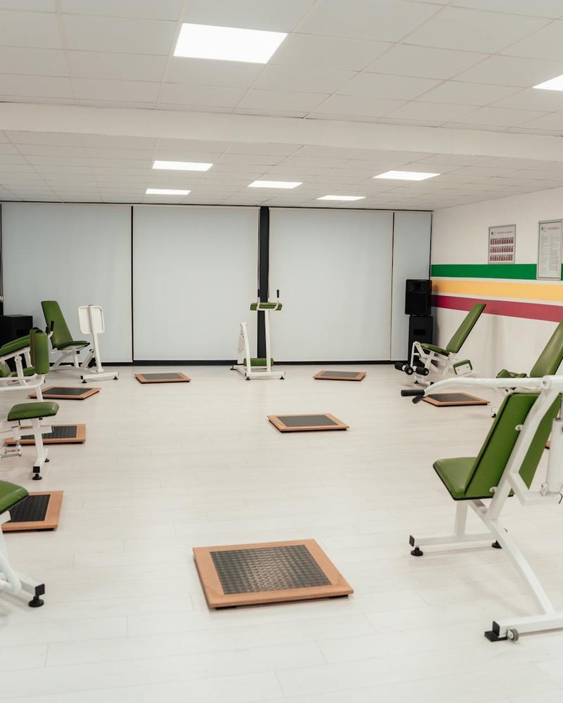 A minimalist training equipment setup in a clean room.